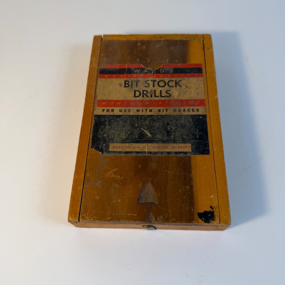 Vintage Wards Master Quality Bit Stock Drill Set Hand Brace Wood Box 8pc
